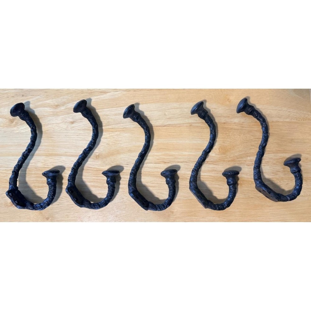 Lot of 5 Cast Iron Wall Mount Double Hooks Farmhouse Rustic Coat Hat Hooks